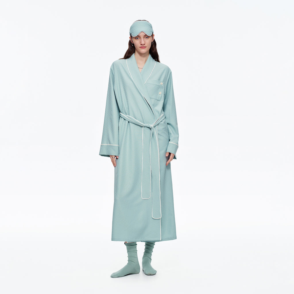 Stripe Waist-Tie Long Morning Robe | Soft Loungewear with Sleep Mask