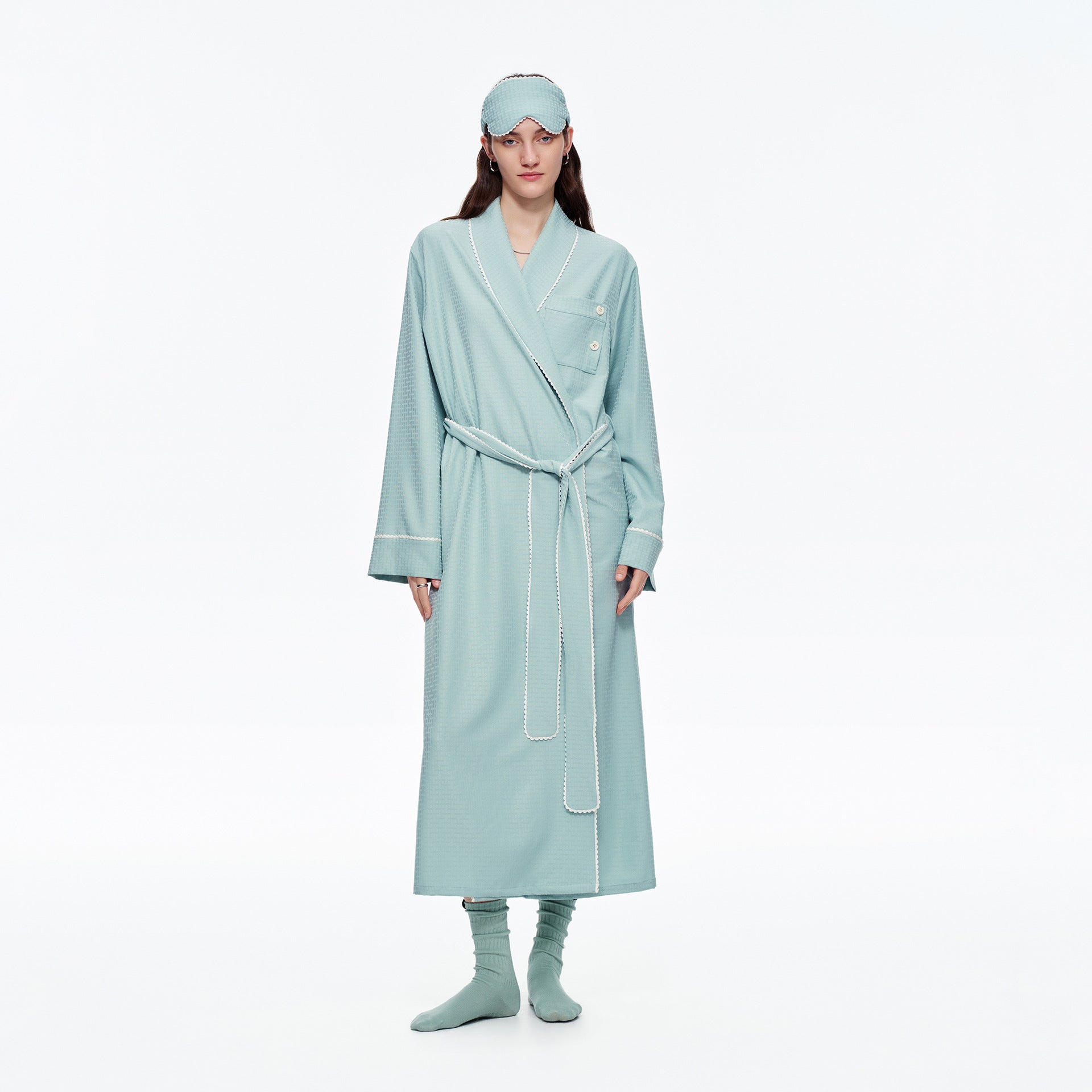 Stripe Waist-Tie Long Morning Robe | Soft Loungewear with Sleep Mask