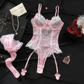 Pink Color-Block Lace Frill Stretch Bodysuit with Garter & Stockings