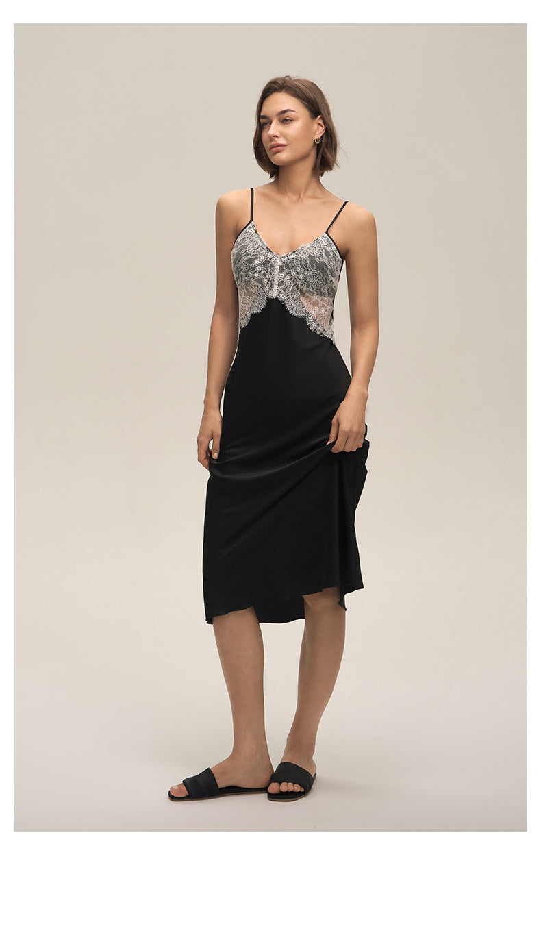 Satin Chiffon Lace Backless Spaghetti Strap Maxi Nightgown — Sexy Loungewear