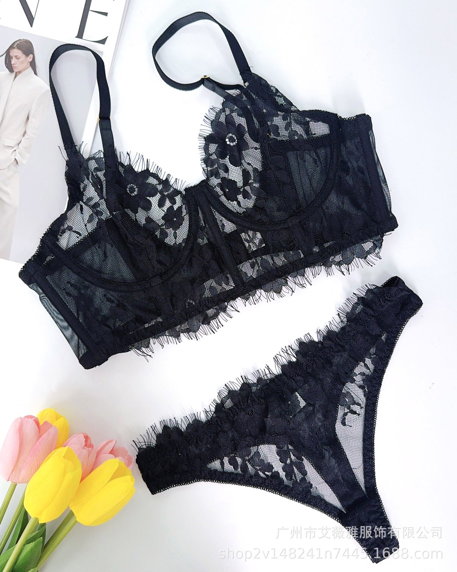 Lace Lingerie Set | Fishbone Sling Bra & Briefs | Black White Red S-XL