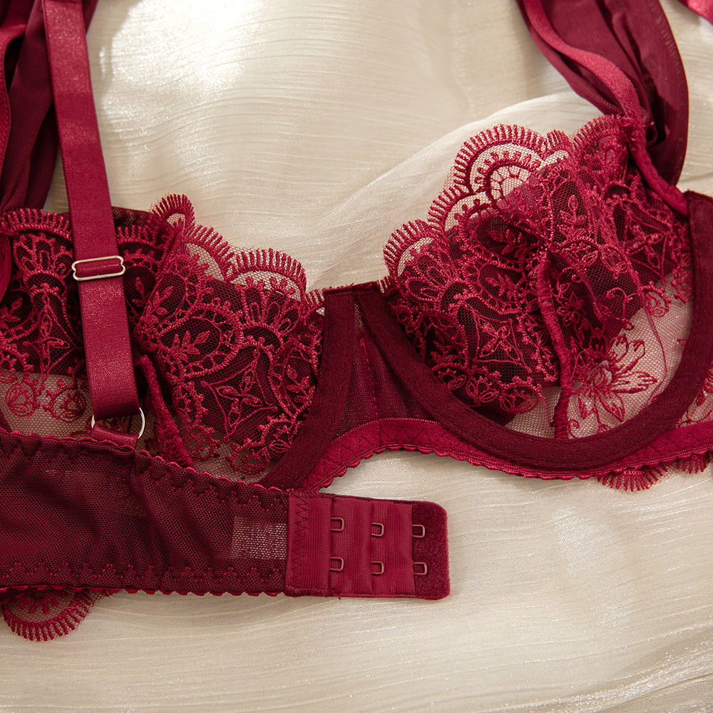 Burgundy Lace Embroidered Lingerie Set | Deep V Gather Bra & Hollow Sheer Briefs