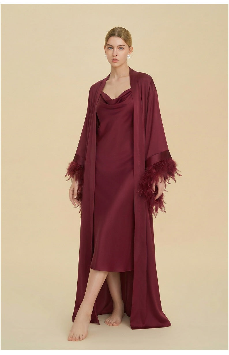 French Feather Trim Bridal Robe Set | Luxury Bridesmaid & Wedding Nightgown