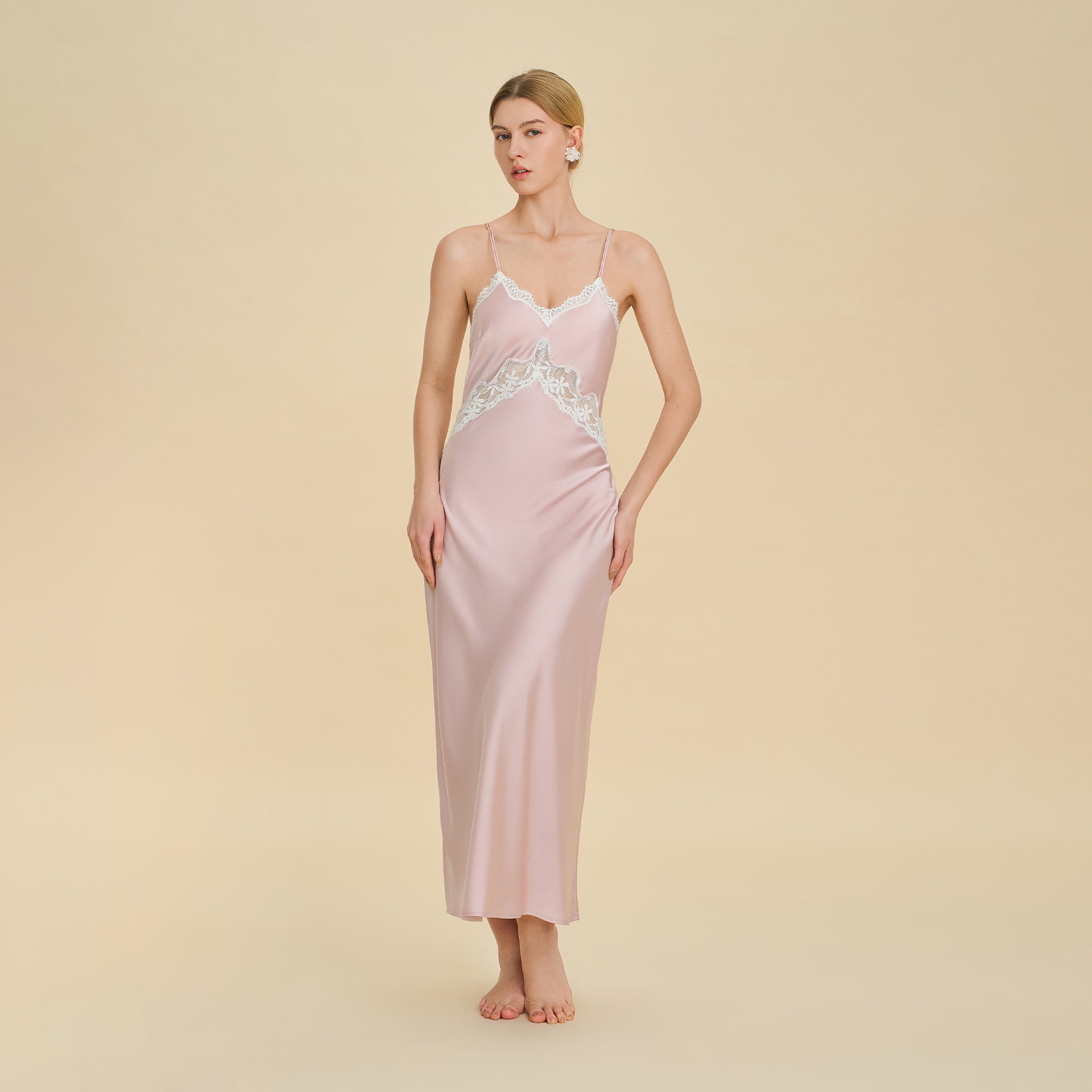Lace Splice Deep V Off-Shoulder Nightgown | Backless Sexy Loungewear