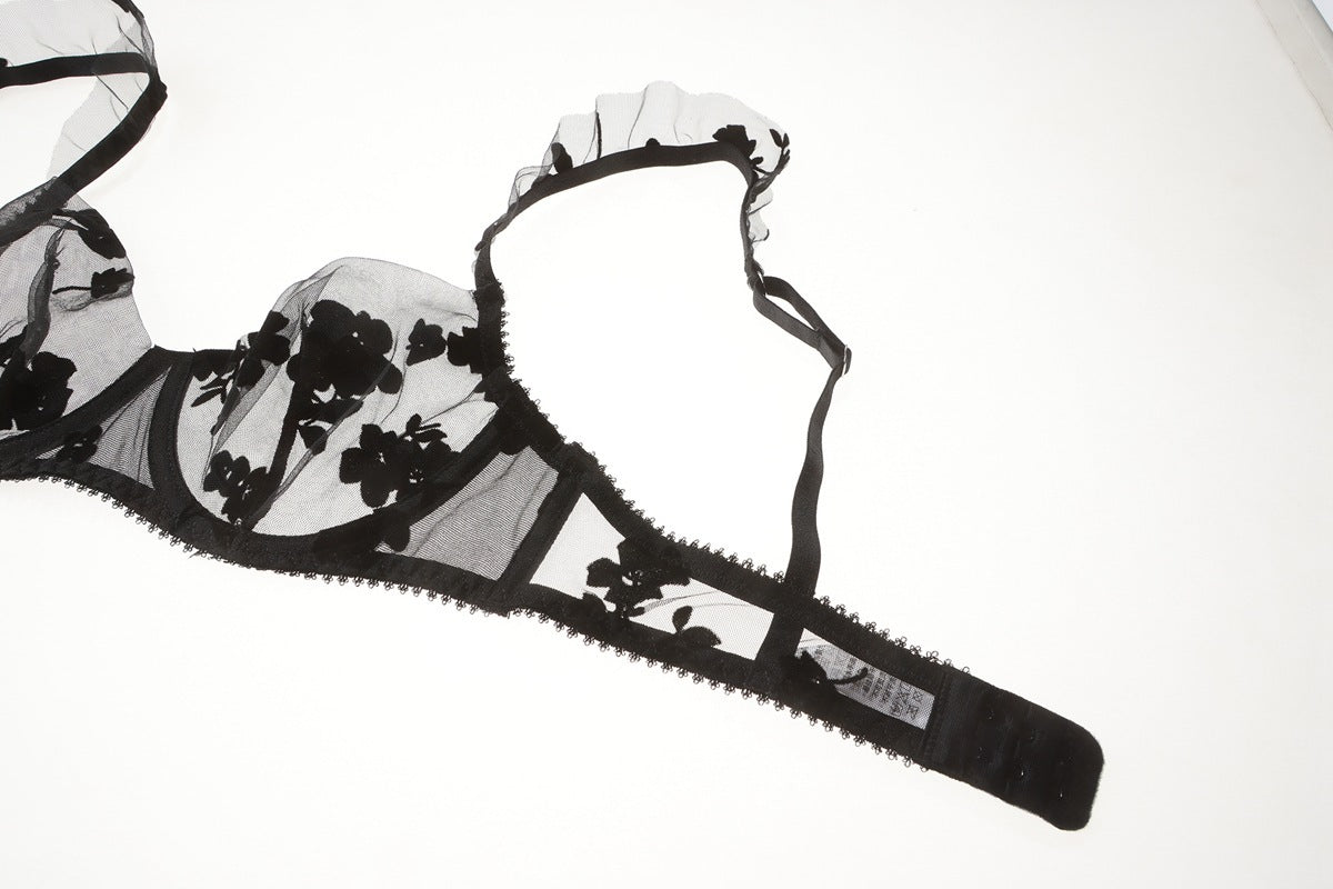 French Lace Embroidered Bra Set – Minimizing & Anti-Sag with Sheer Cups