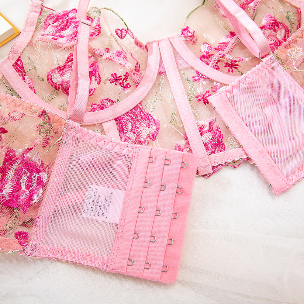 Pink Floral Embroidery Sheer Mesh Underwire Fishbone Bra Set