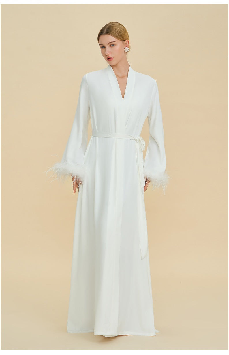 Feather Trim Luxury Robe | High-End Satin Bathrobe for Women
