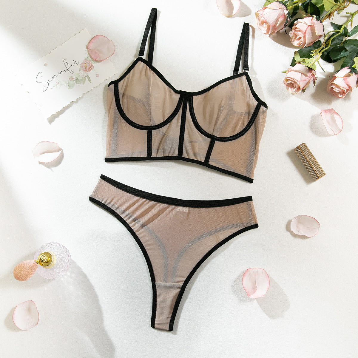 Fishbone Colorblock Sheer Mesh Lift Bra Set
