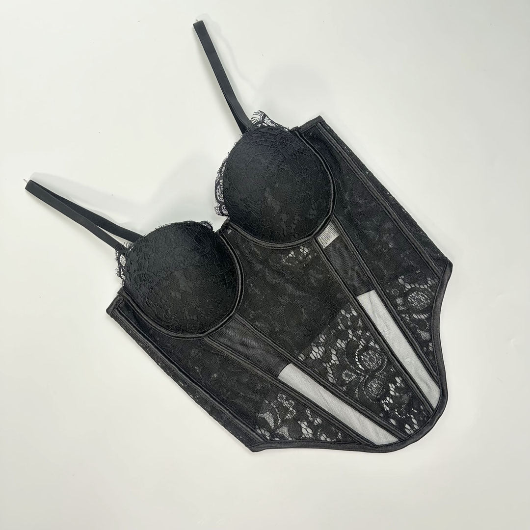 Lace & Mesh Splice Fishbone Corset Bra