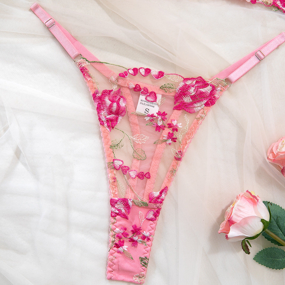 Pink Floral Embroidery Sheer Mesh Underwire Fishbone Bra Set