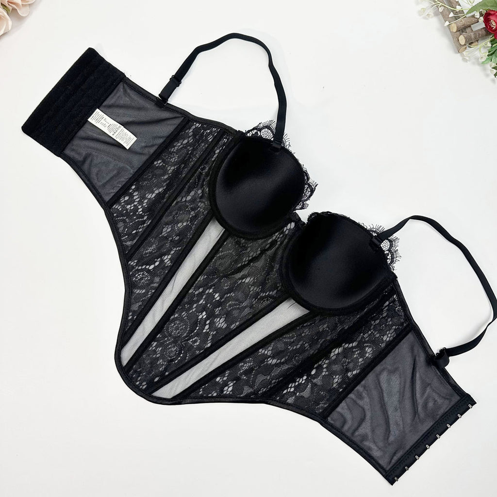 Lace & Mesh Splice Fishbone Corset Bra