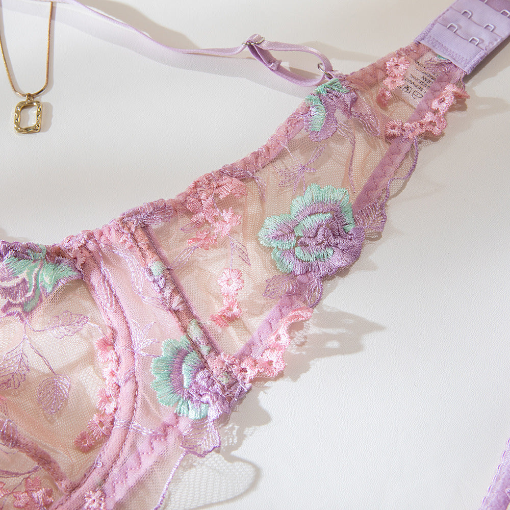 Pink Single-Layer Lace Embroidery Underwire Lift Bra Set