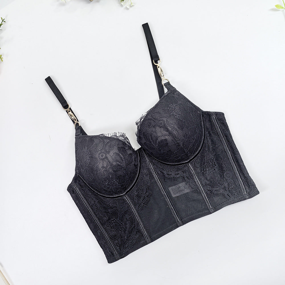 V-Neck Eyelash Lace Fishbone Corset Bra