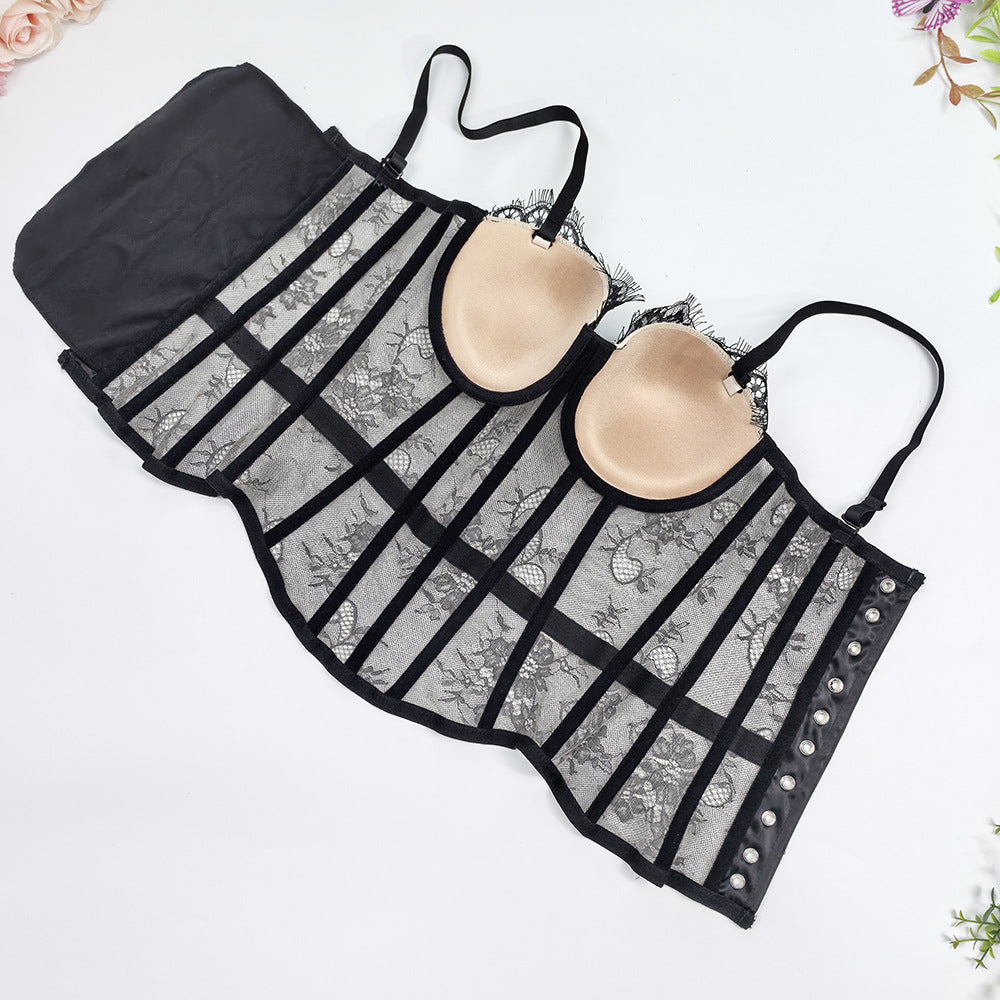 Solid Lace Off-Shoulder Fishbone Corset Bra