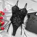 Lace Faux Leather Heart Tie Waist Lingerie Set
