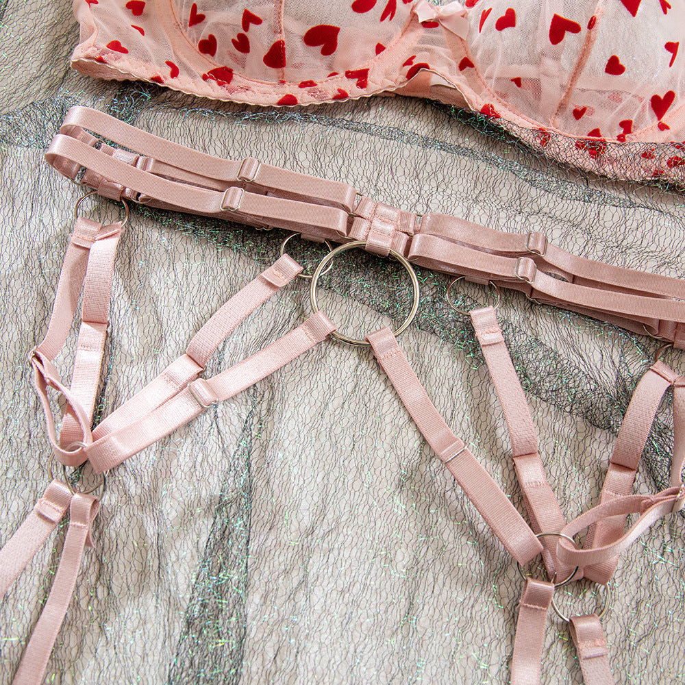 Heart Bow Metal Ring Suspender Lingerie Set