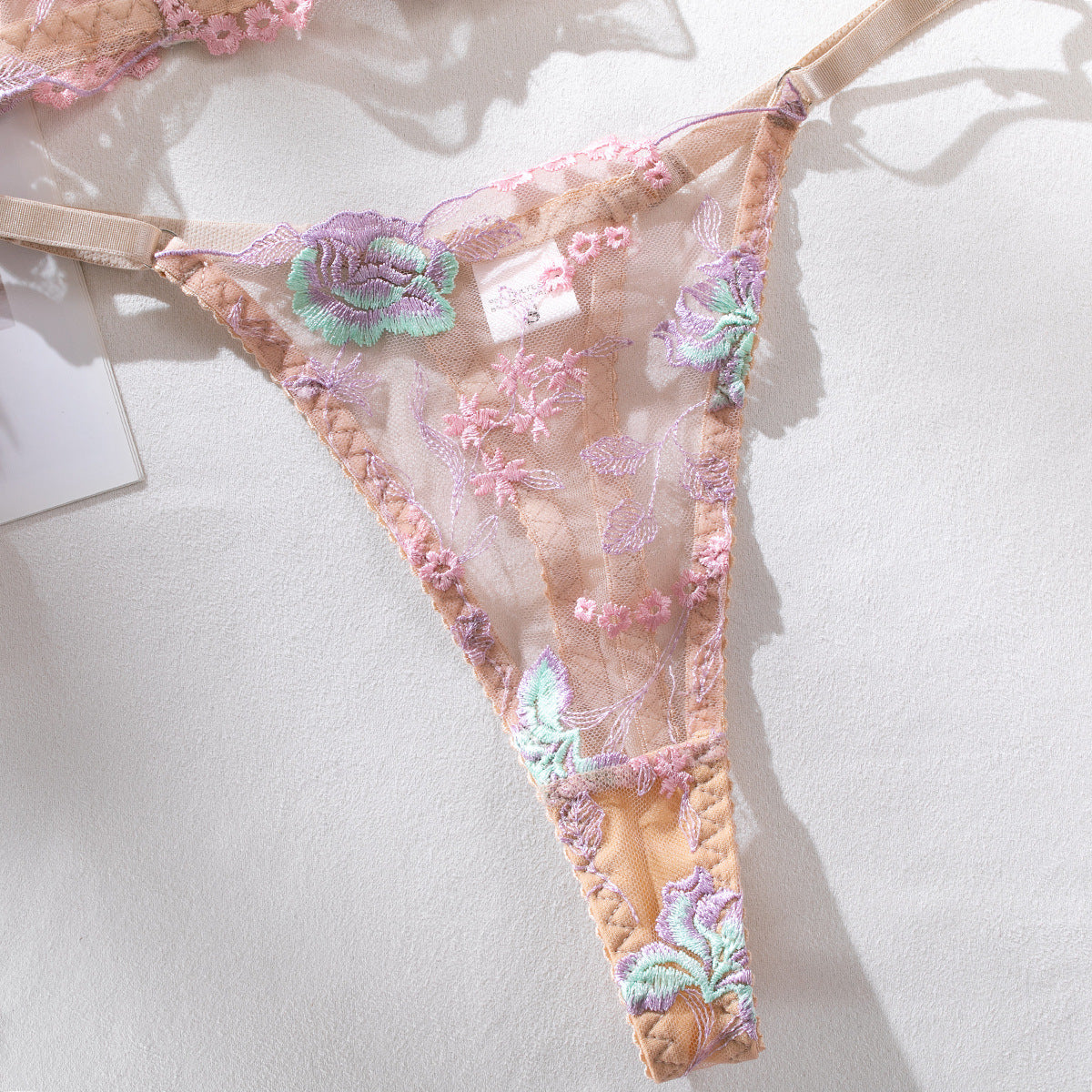 Sheer Mesh Boned Underwire Embroidered Lingerie Set