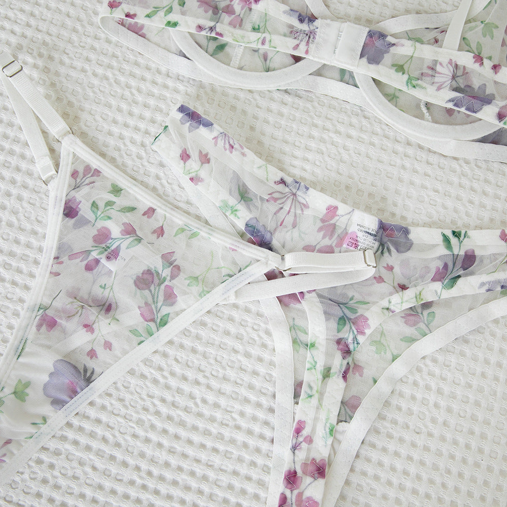 Mesh Print Sheer Lift Bra Set with 2 Pairs of Underwear