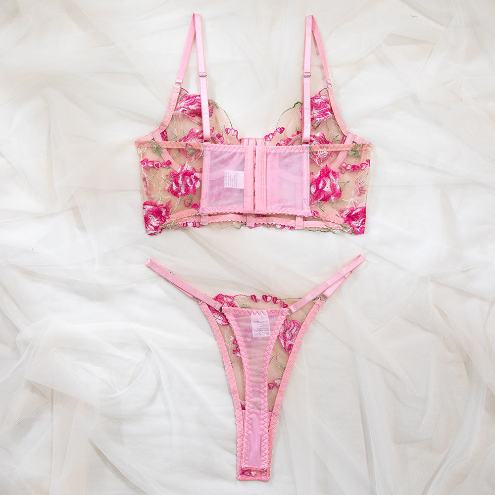 Pink Floral Embroidery Sheer Mesh Underwire Fishbone Bra Set