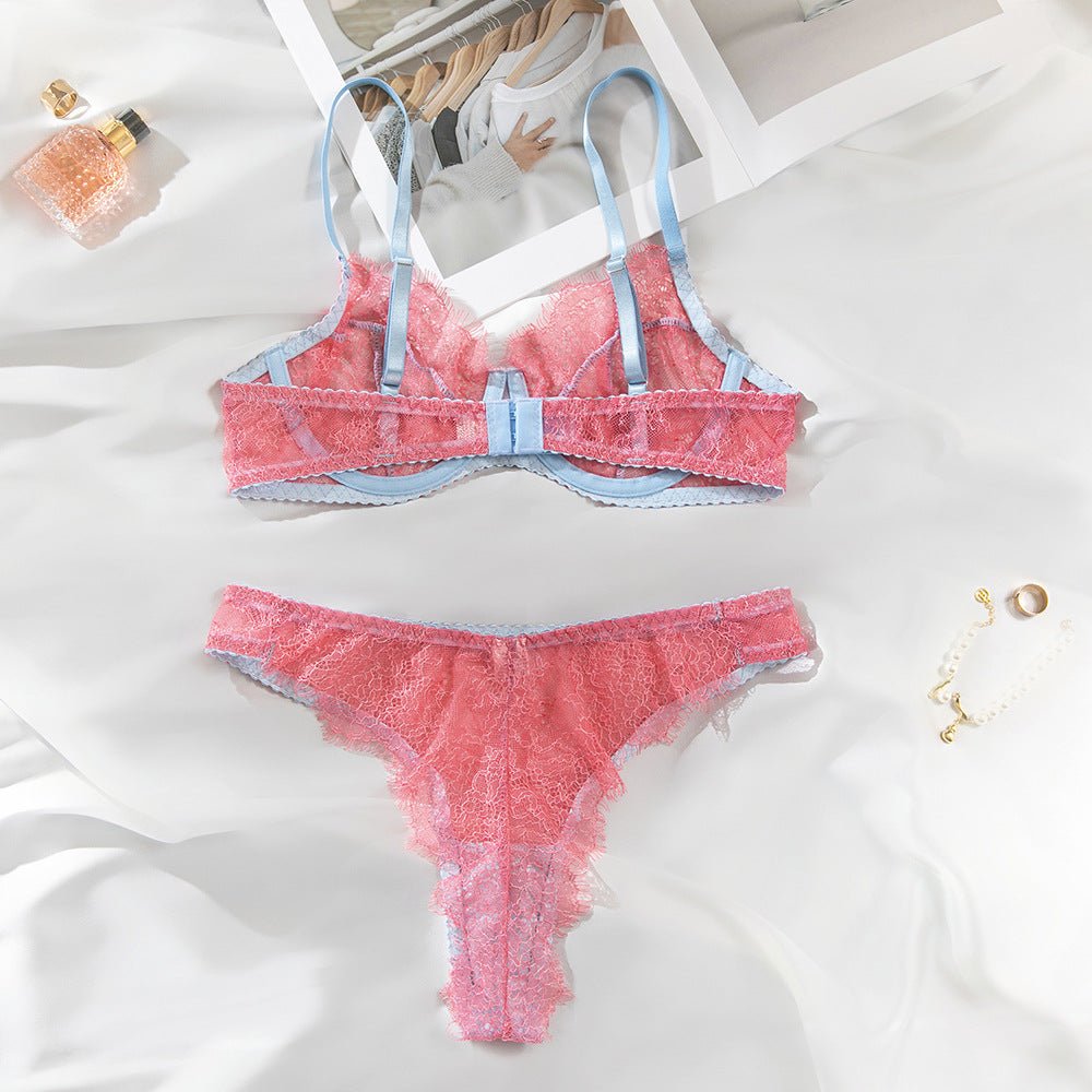 Pink Eyelash Lace Sheer Gathering Bra Lingerie Set