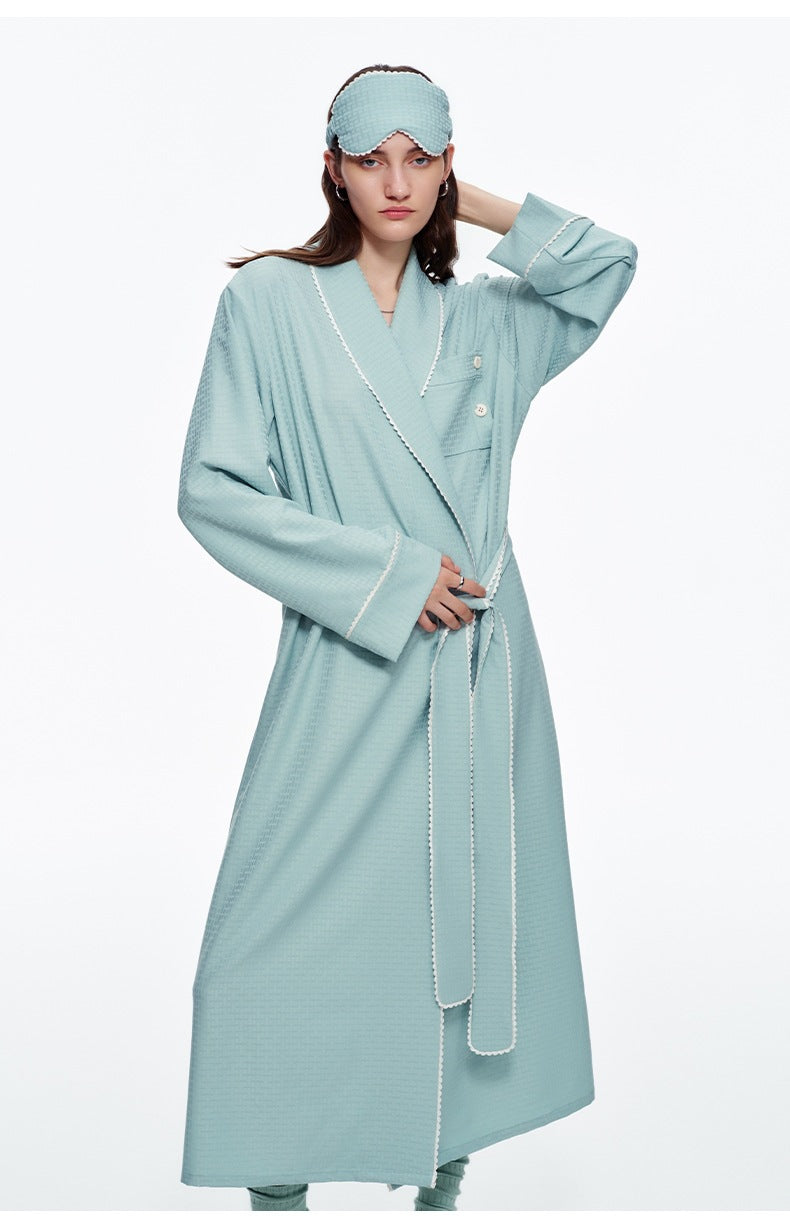 Stripe Waist-Tie Long Morning Robe | Soft Loungewear with Sleep Mask