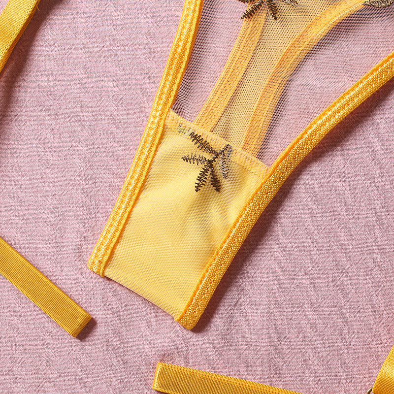 Sexy perspective yellow pastoral floral bra, garter belt thong with leg ring three-piece erotic underwear set