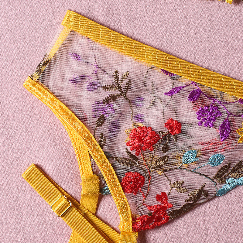 Sexy perspective yellow pastoral floral bra, garter belt thong with leg ring three-piece erotic underwear set