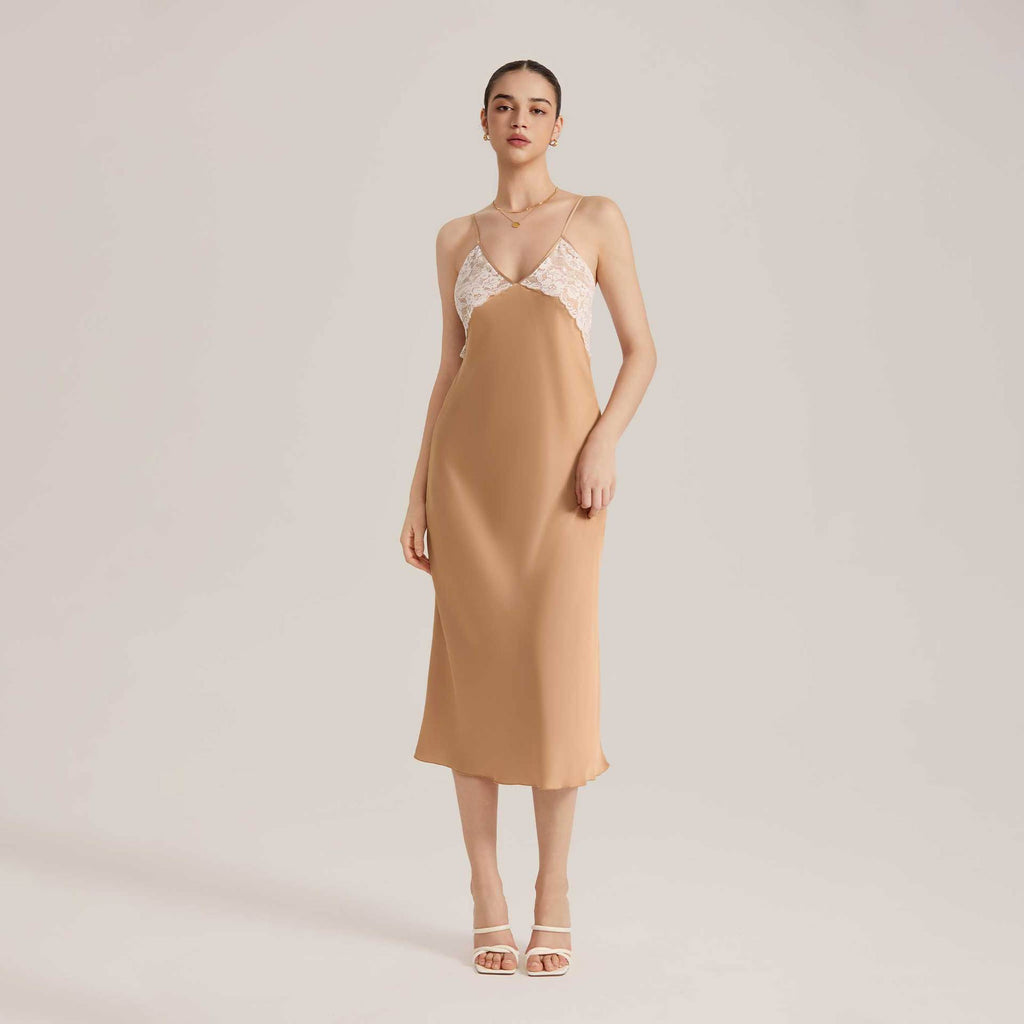 Lace Splice Satin Chiffon Backless Spaghetti Strap Nightdress — Sexy Loungewear