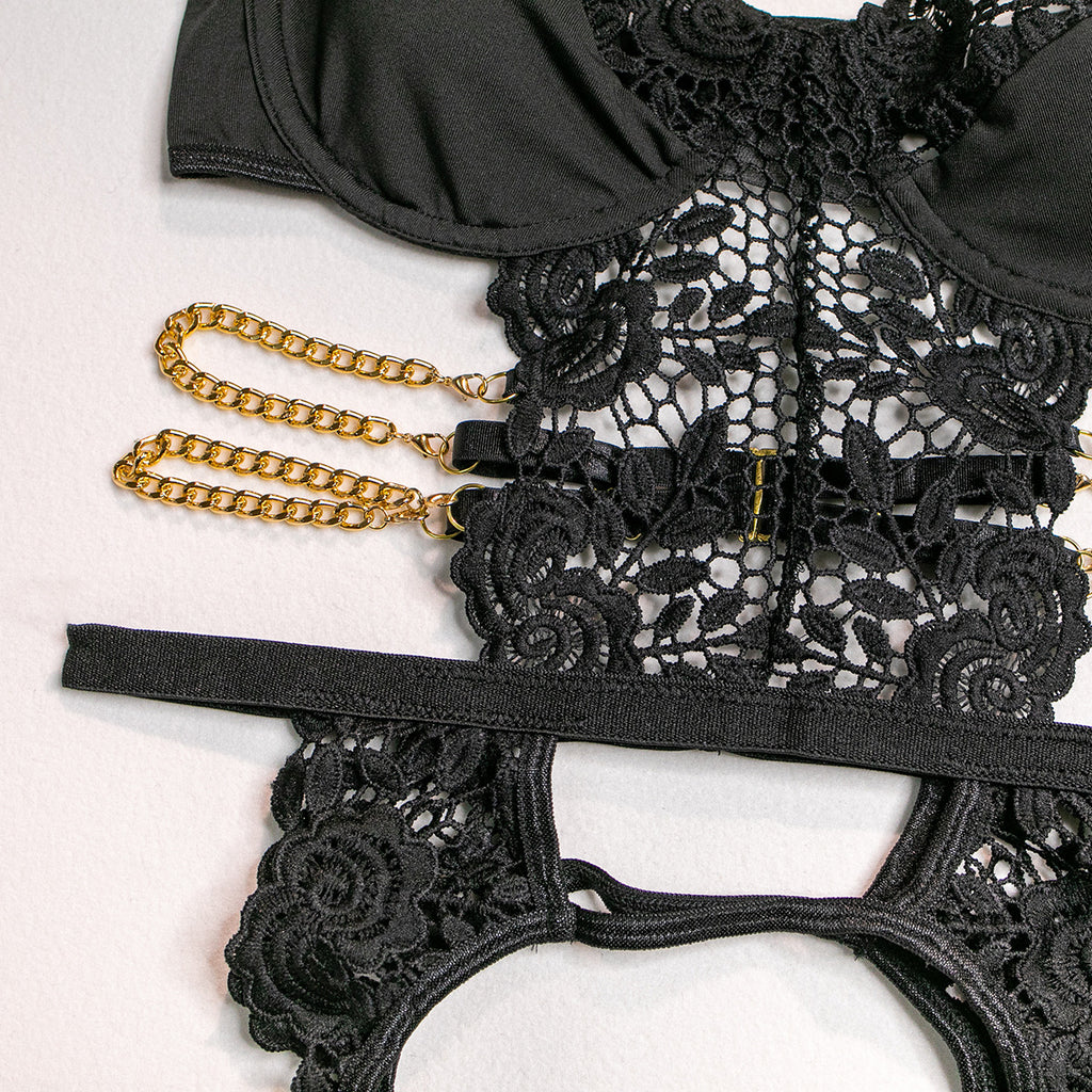 Lace Hollow-Out Backless Lingerie Set | Three-Piece Sexy Bra