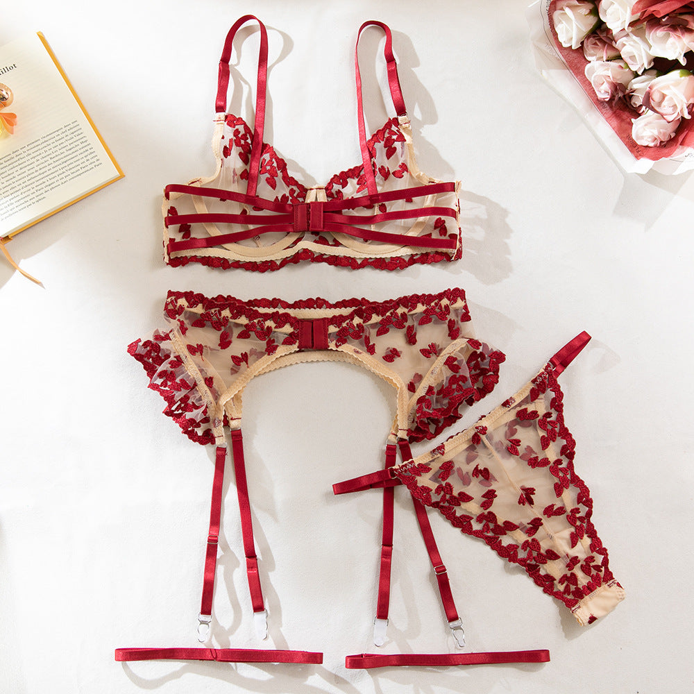 Red Floral Embroidery Sheer Lift Luxury Lingerie Set