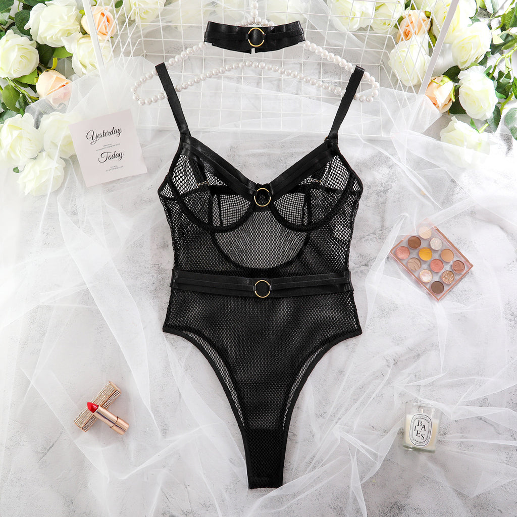 Sheer Mesh Metal Neck Bodysuit
