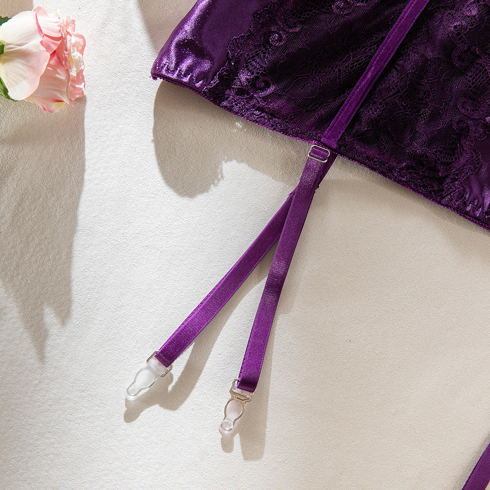 Purple Hollow Lace Splice Halter Neck Lift Babydoll Dress Set