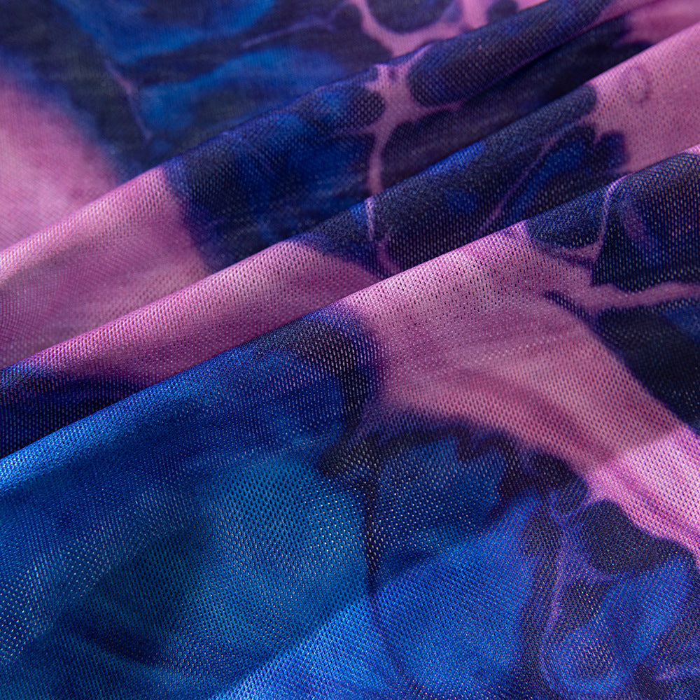 Tie-Dye Sheer Mesh High Neck Slit Dress Set