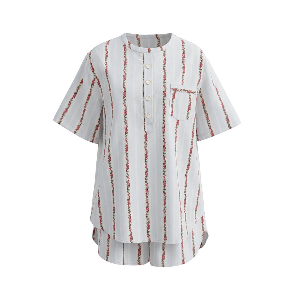 Pure Cotton Rose Stripe Short Sleeve Pajama Set | Sweet Summer Loungewear
