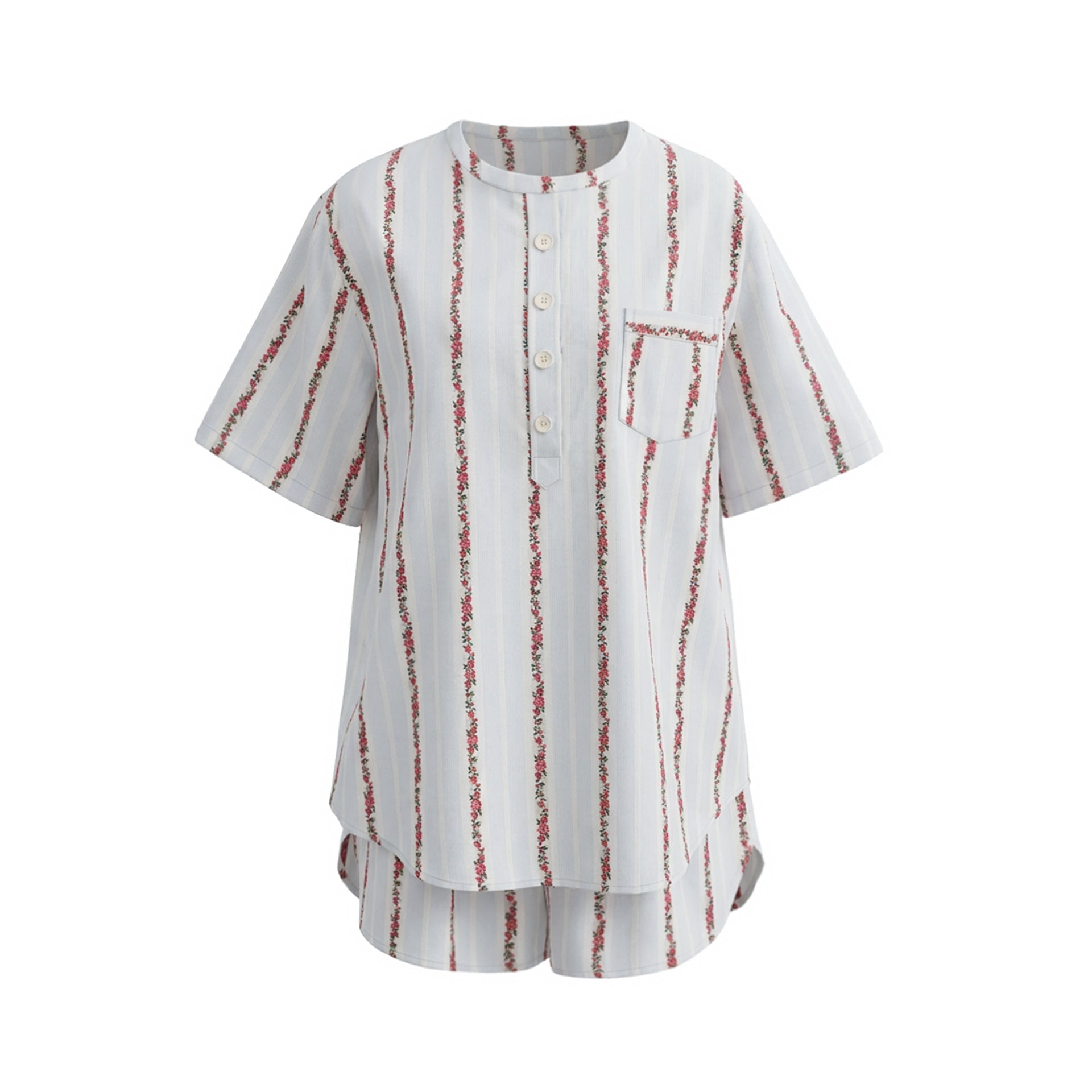 Pure Cotton Rose Stripe Short Sleeve Pajama Set | Sweet Summer Loungewear
