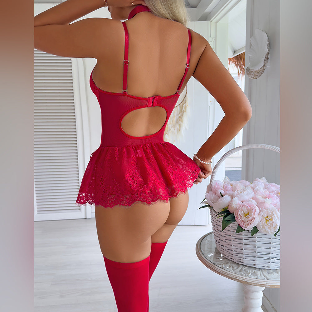 Lace Mesh Patchwork Slip Nightdress Lingerie Set