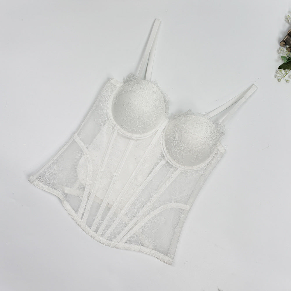 Lace Print Off-Shoulder Fishbone Corset Bra