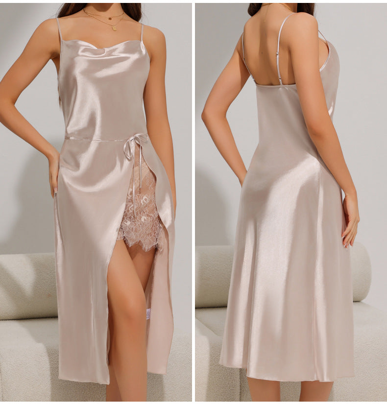 Lace Trim Ice Silk Long Cami Sleep Dress – Sexy Summer Nightgown