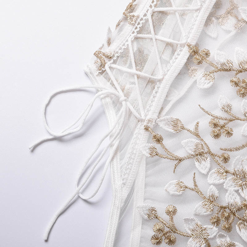 Lace Floral Embroidery Sheer Bodysuit