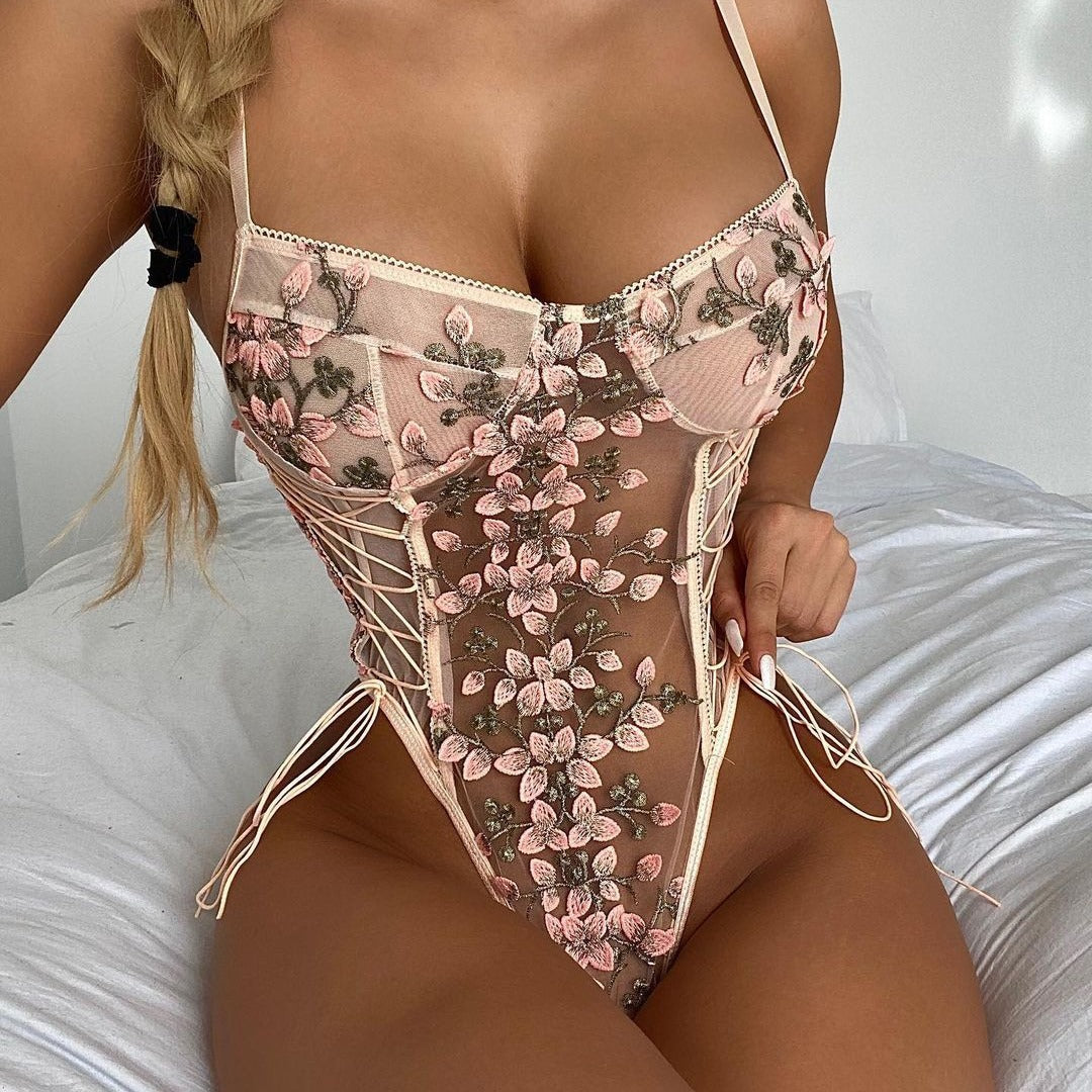 Lace Floral Embroidery Sheer Bodysuit