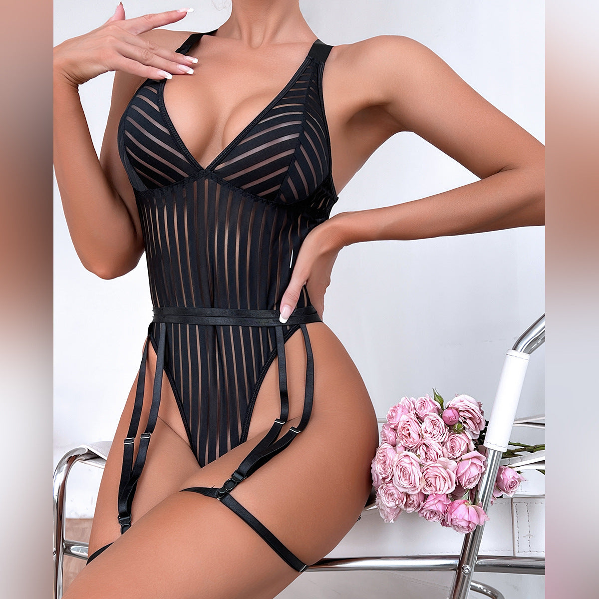 cross-border AliExpress hot-selling sex interest one-piece striped splicing sexy gathering perspective backless versatile women spot