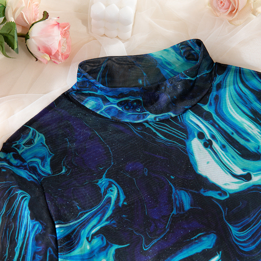 Tie-Dye Sheer Mesh High Neck Slit Dress Set