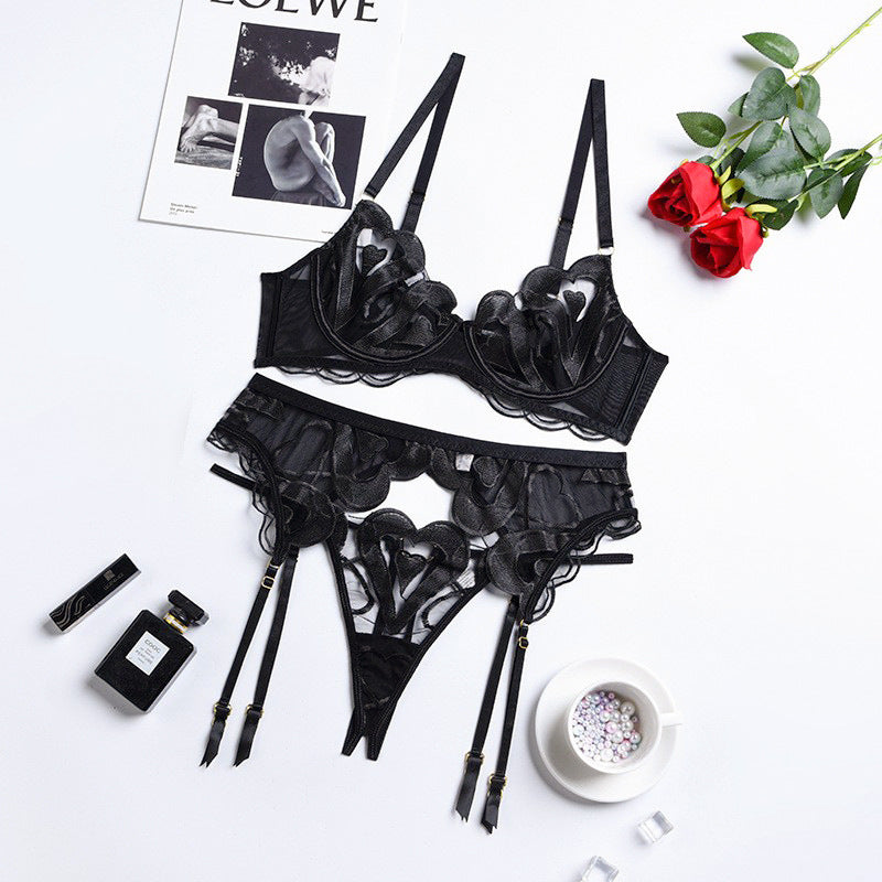 Lace Mesh Embroidered Lingerie Set — Gathering Suspender Three-Piece