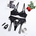 Lace Mesh Embroidered Lingerie Set — Gathering Suspender Three-Piece