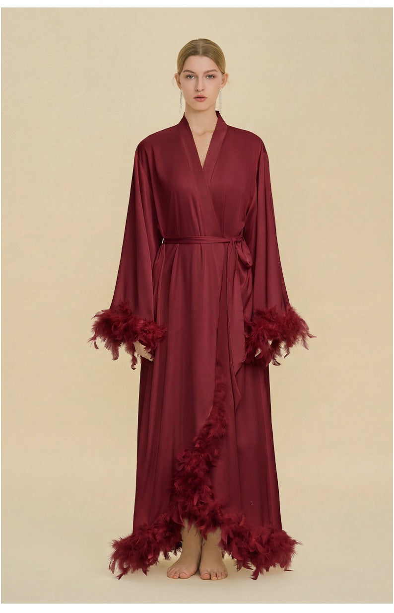 Feather Cardigan & Slip Dress Set | Luxury Long-Sleeve Loungewear