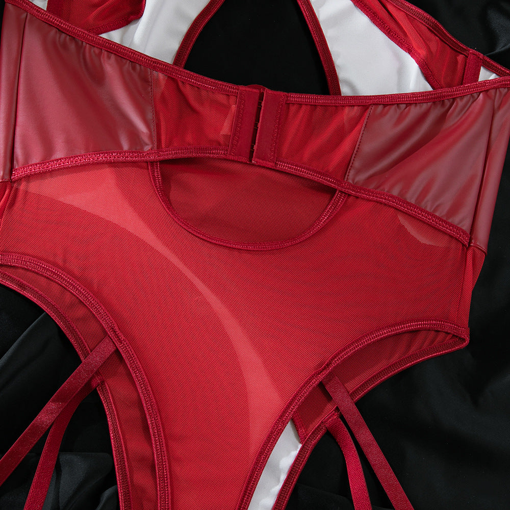PU Leather & Mesh Halter Neck Bodysuit | Sheer Slim-Fit Onesie