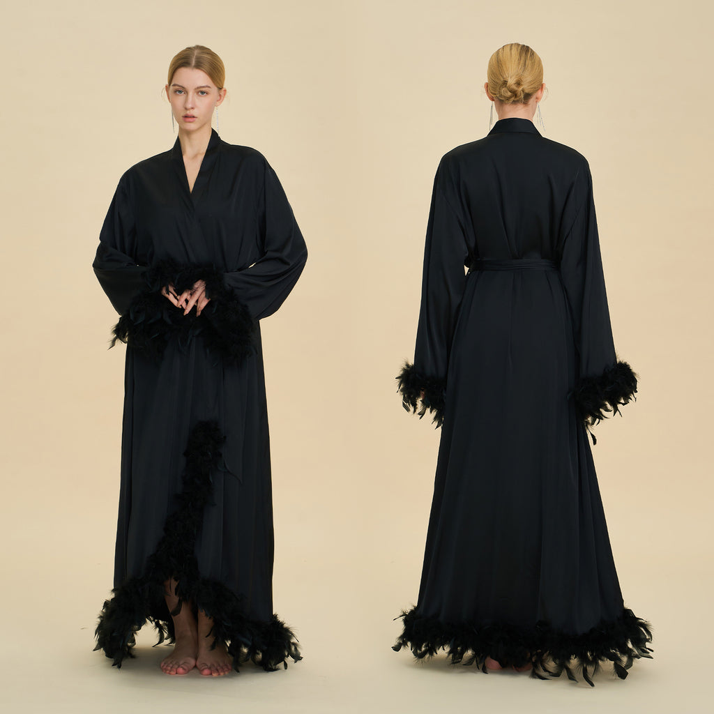 Feather Cardigan & Slip Dress Set | Luxury Long-Sleeve Loungewear