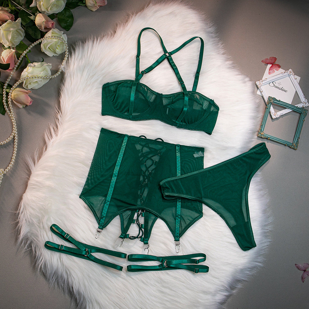 Sheer Mesh Cutout Cross-Strap Gathering