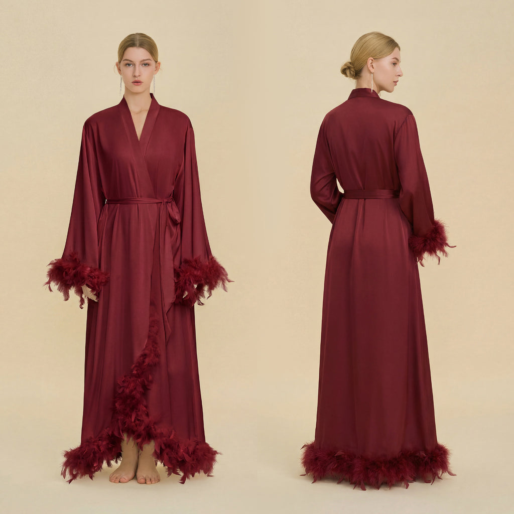Feather Cardigan & Slip Dress Set | Luxury Long-Sleeve Loungewear