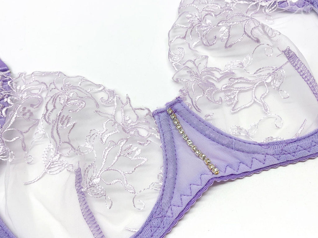 Lace Bra, Thong & Leg Ring Set – Sheer Embroidery, 3-Piece